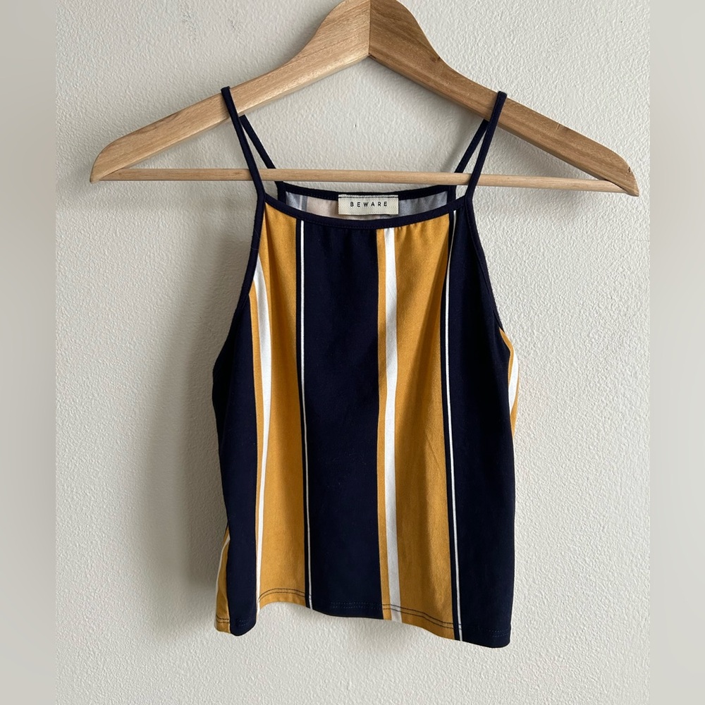 Beware Yellow Navy White Striped Tank Top